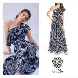 Vince Camuto Navy One Shoulder Ruffle Maxi Dress